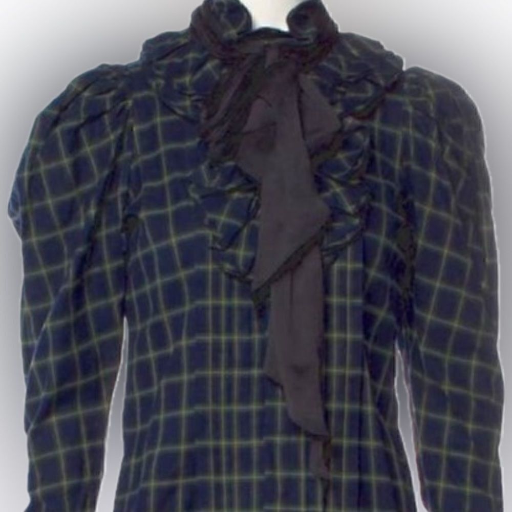 Ralph Lauren NWT Navy Blue Multi Cotton Check Plaid Ruffle Tie Neck Blouse - Picture 7 of 16